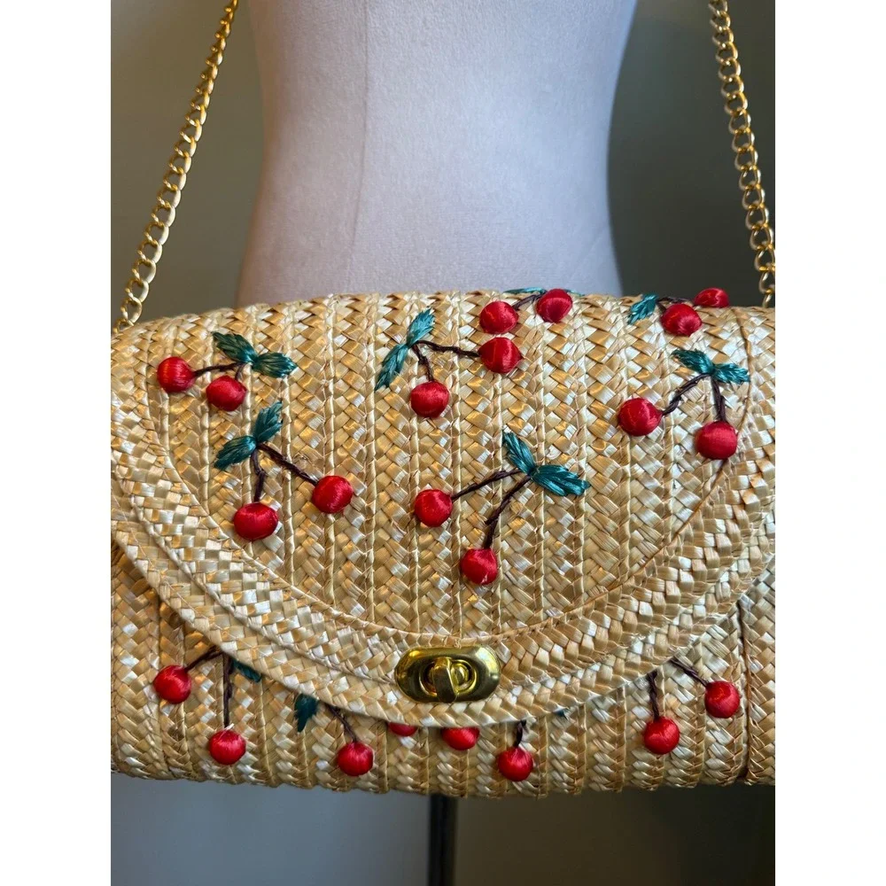 Straw Cherry Embroidered Crossbody Bag Gold Tan Red whimsi dainty cottage resort